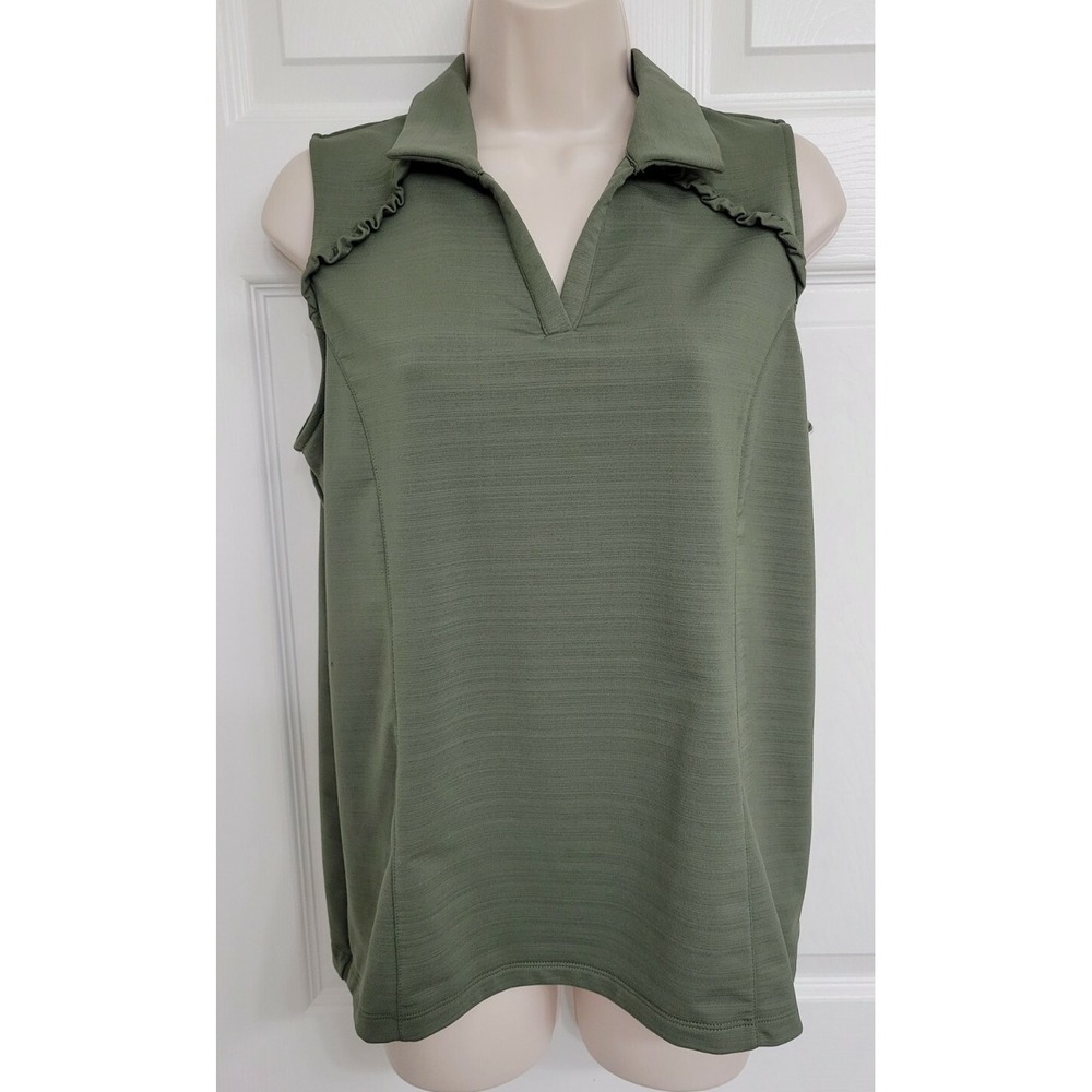 Chico's Size 1 (M) Olive Green Poly Blend Knit Collared Sleeveless V-neck Blouse